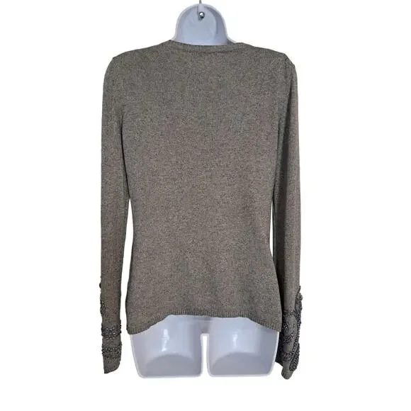 Michael Simon Womens Sz L Henley Sweater Silk Cashmere Gray Embellished Thermal - Picture 2 of 11